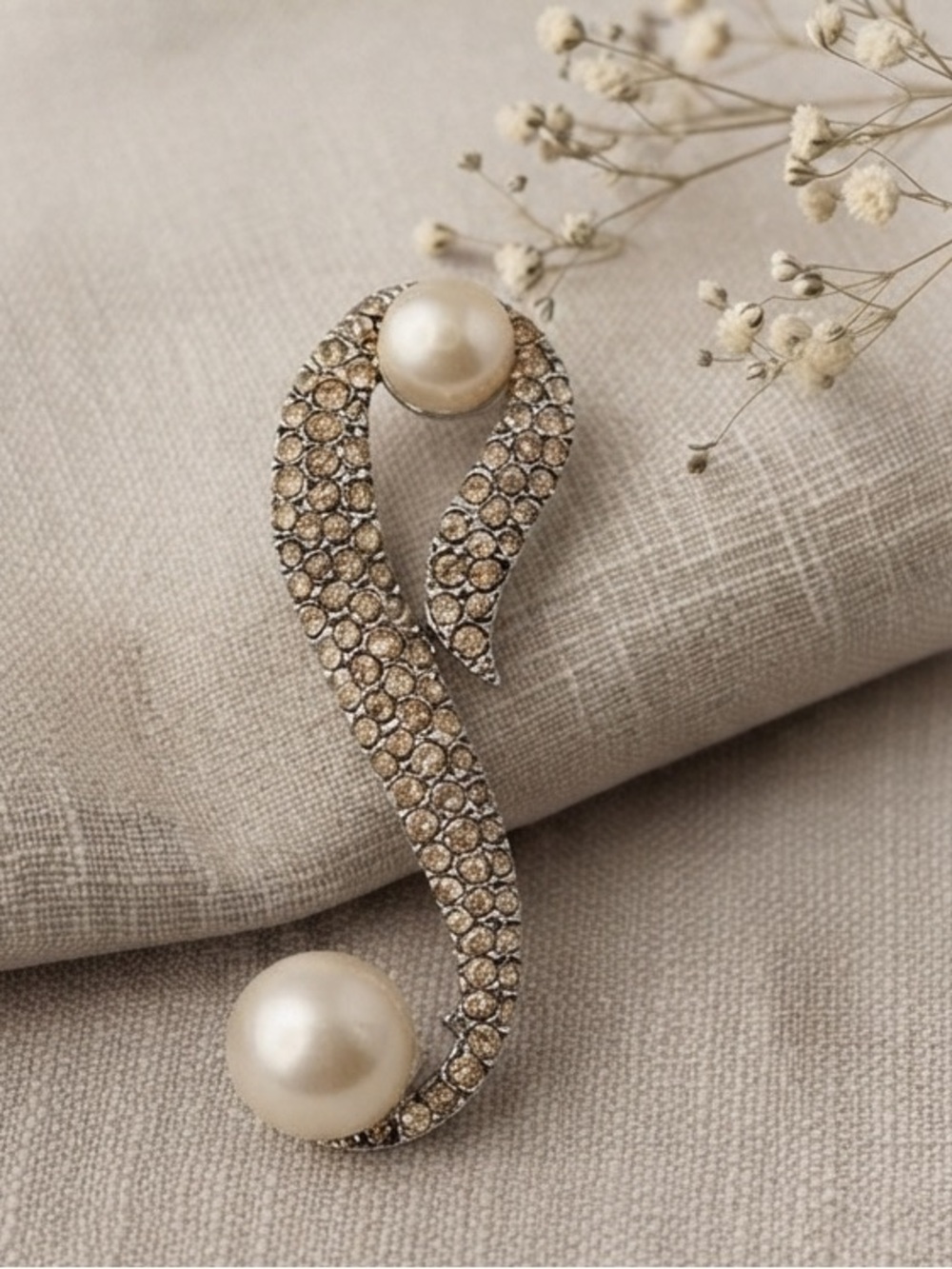 Vintage Silver Tone Faux Pearl & Rhinestone Swirl Brooch